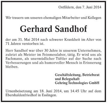 Sandhof Gerhard 1942-2014 Todesanzeige